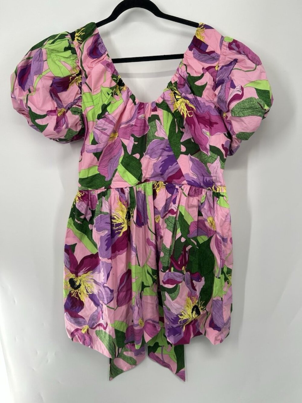 Express Women's Pink Purple Green Floral V-Neck Puff Sleeve Ruffle Short Dress L